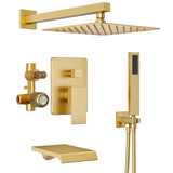 HomGoo Gold Shower System with Tub Spout, All Metal Tub Shower Faucet Set with 10“ Rain Shower Head and Handheld Spray combo, Wall Mounted Tub Shower System with valve and Trim kit,Brushed Gold