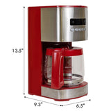 Kenmore Drip Coffee Maker - Programmable Cafe Machine With Glass Pot, Regular & Bold Brew, Auto Shut Off Large Water Reservoir, Reusable Filter, Kitchen Appliances For Cafeteria Barista, 12 Cup Red