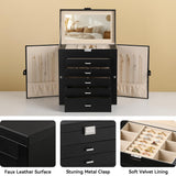 Frebeauty Large Jewelry Box,6-Tier PU Leather Jewelry Organizer,Multi-functional Storage Case with Mirror,Accessories Holder with 5 Drawers for Necklace Bracelets Watches(Black)
