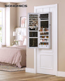 SONGMICS Hanging Jewelry Cabinet, Wall-Mounted Cabinet with LED Interior Lights, Door-Mounted Jewelry Organizer, Full-Length Mirror, Gift Idea, White UJJC99WT
