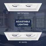 LUXRITE 2-Head Regressed Gimbal LED Recessed Spotlight, 360°+15° Adjustable, 5CCT 2700K-5000K, CRI90, 30W, 2000 Lumens, 60° Beam Angle, Rectangular White Finish, Dual Dimmable, IC & Wet Rated (2 Pack)