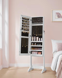 SONGMICS Mirror Jewelry Cabinet Armoire, Standing Full-Length Mirror, Lockable Jewelry Organizer, Gift Idea, White Surface and Black Lining UJJC69WT