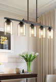 Amico Dining Room Light Fixture 5-Light Kitchen Island Lighting with Adjustable Rods, Farmhouse Decor Black Metal & Wood Chandelier with Seeded Glass Shade, Island Lights for Kitchen
