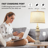 SAIWEYA 27.5" Set of 2 Farmhouse Table Lamps for Bedroom, 3 Way Dimmable Bedside Lamp with 2 USB +AC Outlet Nightstand Lamps for Living Room Resin Rustic Touch Lamps