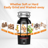 3/4 HP Garbage Disposal, TECASA Food Garbage Disposal with Power Cord, Stainless Steel Grinding System and 3-Bolt Mounting, Continuous Feed Garbage Disposals, Quiet, Taskmaid Series 75