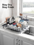 SUNLY Large Dish Drying Rack, Expandable Dish Racks for Kitchen Counter, Space Saving 304 Stainless Steel Drying Rack Kitchen, Extra Large Drainer with Multifunctional Flip Up Pegs, Gray