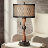 Franklin Iron Works Hunter Rustic Farmhouse Table Lamp with USB and AC Power Outlet Workstation Charging Base 28.75" Tall Bronze Cherry Wood Double Drum Shade for Living Room Bedroom House Bedside