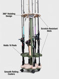 Tcakelox 360° Rotating 16-Rod Fishing Rod Holder Rack with Wheels, Rolling Storage Stand for Rods & Combos, Space-Saving Organizer, Durable ABS Frame with Protective Rubber Pads