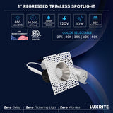LUXRITE 1-Inch LED Trimless Recessed Spotlight with Nickel Reflector Trim Replacement 10W, 850LM, 2700K-5000K 60° Beam Angle, Dimmable, Push-n-Lock, CRI90, Damp & IC Rated, ETL White + Nickel (4 Pack)