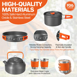 17PCS Camping Cooking Set, Non-Stick Lightweight Camping Pots and Pans Set with Kettle, Stainless Steel Cups FUNYKICH