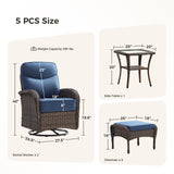 Luxury Patio Furniture Set with Swivel Chairs & 6-Inch Thick Cushions, Outdoor High Back Swivel Rocker Patio Chairs, 5PCS Wicker Outdoor Furniture Set for Porch, Yard, Deck, Poolside, Brown/Blue