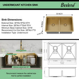 Beslend 30 Inch Gold Undermount Kitchen Sink, 30x19 50/50 Double Bowl Workstation Sink, 16 Gauge T304 Heavy Duty Stainless Steel Low Divide Golden Kitchen Sink with Gold Accessories