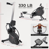 Sunny Health & Fitness Magnetic Rowing Machine with Extended Slide Rail, Full-Body Workout, Low-Impact, Innovative Full Motion or Premium Water Motion and Optional Exclusive Free SunnyFit App