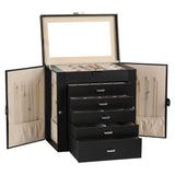 Frebeauty Large Jewelry Box,6-Tier PU Leather Jewelry Organizer,Multi-functional Storage Case with Mirror,Accessories Holder with 5 Drawers for Necklace Bracelets Watches(Black)
