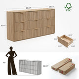 Dresser for Bedroom with 9 Drawers, 63"W Chest of Drawers, Fluted Dresser with Faux Marble Top, Curved Profile Design, Metal Handle, Wood Closet Storage Organizer for Living Room, Hallway, Natural Oak