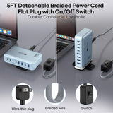 8-Port Multi Charging Stations 200W with Flat Plug, Braided Power Cord, and On/Off Switch- USB Charging Hub for iPhone, iPad, MacBook and More- 65W C Port Power Adapter for Laptops
