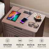 PIXOURA Fluted Nightstand with Charging Station, 21" Wide Modern Bedside Table with 2 Storage Drawers, Curved Corner & Metal Handle, Mid Century Night Stand End Side Table for Bedroom, Walnut