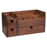 ExoLiry Rustic Brown Wooden Desktop Organizer Drawers Removable Office Supplies Torched Wood Storage Cabinet Caddy Box Stationery Pencil Slots Mail Holder Notes Accessories Home Makeup Tools Cosmetics