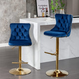 MOOLSUN Rotating Velvet Bar Stools Set of 4, Modern Padded with Nailhead Trim and Tufted Back, Adjustable Swivel Counter Height Stools for Kitchen Island, Bar, Club,Blue(Gold Base)