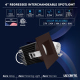 LUXRITE 4 Inch Recessed Light, Regressed Canless LED Spotlight, 5CCT 2700K-5000K, CRI90, 22W, 1700 Lumens High Output, 60º Wide Flood, Square Bronze Trim, Dual Dimmable, IC & Wet Rated (4 Pack)