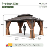 Aoxun 12’x16’ Hardtop Gazebo with Galvanized Steel Double Roof Brown