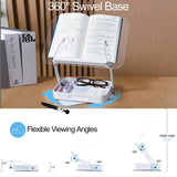 ZOEY Acrylic Book Stand for Reading Adjustable Book Holder with 360 Rotating Base and Storage Foldable Desktop Riser Stand for Cookbook Laptop Tablet Textbook Music Score with Page Clip 13.4x9.3x2.8in