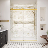 Frameless Shower Door,56-60" W x 74" H Double Sliding Glass Shower Door with 5/16" (8mm) SGCC Thick Tempered Clear Glass Shower Door,Soft Close System&Explosion-Proof Film Nano Coating,Brushed Gold