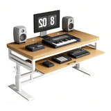 Height Adjustable Music Studio Desk with Keyboard Tray – Standing Computer Workstation with Cable Management, MIDI Shelf & Metal Legs for Recording, Production, Home Office(White+Walnut,70in)