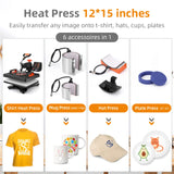 Heat Press Machine 12 x 15 inch 6 in 1 Heat Transfer Machine 360-Degree Swing Away Multifunction Sublimation Combo Heat Press Towallmark