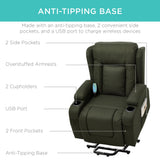 Best Choice Products Modern Linen Electric Power Lift Chair, Recliner Massage Chair, Adjustable Furniture for Back, Legs w/ 3 Positions, USB Port, Heat, Cupholders, Easy-to-Reach Button - Olive