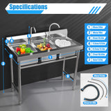 Subiudzzh 3 Compartment Stainless Steel Sink, Commercial with 2 Faucets Freestanding Restaurant Sink for Manually Cleaning food, Bowls 39 x 18 x 35.8 Inch Loading 441 Lbs Silver