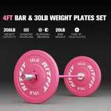 RitFit Barbell Weight Set - 4/6FT Olympic Barbell with Weight Plates (55-115LB Total) - Weightlifting Equipment for Squats, Curls, Deadlifts, Presses, Hip Thrusts 4FT Pink Bar with 30LB Pink Plates