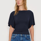 SeeLuNa Women Cinched Waist Shirts Stretchy Dolman Sleeve Boat Neck Knit Top Trendy Streetwear Outfits Basic Workout Tee Tops(Navy,XS)