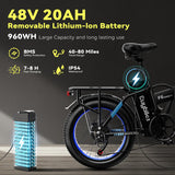 Foldable Electric Bike for Adults, 48V 20Ah Removable Lithium Battery up to 80Miles