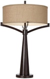 Franklin Iron Works Tremont Mid Century Modern Industrial Table Lamps 31.5" Tall Set of 2 Rich Bronze Iron Burlap Fabric Drum Shade for Living Room Bedroom House Bedside Nightstand Home Office