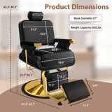 Felivine Reclining Barber Chair, Heavy Duty Hydraulic Barber Chair for Barbershop, Barber Salon Chairs with Vertical Stitch PU Leather, Adjustable Headrest & Footrest, 360° Swivel, Black and Gold