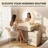 Quvex 31.5" Compact Makeup Vanity Desk with LED Sunburst Mirror & Ambient Light, Sintered Stone Top Vanity Table, 5 Drawers, Petal Chair, Extendable & Reversible Dressing Table, White