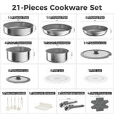 Sanho 21-Piece Pots and Pans Set, Healthy Ceramic Nonstick Cookware with Detachable Handles, Non-Toxic 4-Layer Stainless Steel & Aluminum Core, Induction RV Kitchen Set, Dishwasher & Oven Safe, Gray