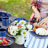 Nuogo 12 Pcs Enamel Camping Tableware Set Dinnerware Kit Includes 12 oz Coffee Mugs Camping Plates Bowls and Utensils Set with Knife Fork Spoon for 2 People Hiking Picnic Outdoor(Blue)