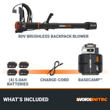 WORX Nitro WG572 80V Cordless Leaf Blower, Backpack Blower with 800CFM & 150MPH, 4 Batteries & Basecamp Charger Included