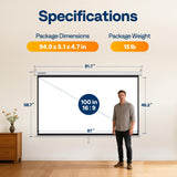 VIVOHOME 100 Inch 16:9 Pull Down Projector Screen, HD 4K Retractable Movie Screen for Indoor Home Theater and Office, Manual Projection Screen with Auto Locking (87W x 49H Inch Display Area)