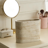 Natural Travertine Textures Mini Trash Can, Small Counter Rectangle Trash Can for Bathroom Kitchen Table Desk, Tiny Waste Basket for Vanity - Silicone Pad Anti Scratch, Non-Slip (Made of Resin)