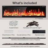 72” Smart Electric Fireplace with Voice Control, Realistic Flame, Crackling Sound, Wall Mounted or Recessed Fireplace Insert, App/Remote Control, Logs & Crystals Included for Living Room, Bedroom