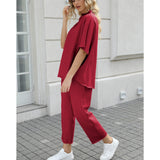 SeeLuNa Women's Two Piece Outfits 3/4 Batwing Sleeve Capelet Crew Neck Pullover Top Wide Leg Pants Lounge Set(Wine Red,XL)