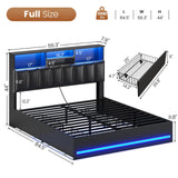 AOGLLATI Full Bed Frame with Stylish Bookcase Headboard & Charging Station & LED Lights,Full Size Bed Frame with 4 Storage Drawers and Metal Slats, No Box Spring Needed,Black
