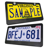 BGGTMO License Plate Frame Carbon Fiber- Black Aluminum Car Tag Frame Holder Printed Carbon Pattern with Rust Proof License Plate Screws and Black & Chrome Caps