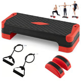 Goplus 3-in-1 Aerobic Step Platform, 600 LBS Adjustable Exercise Stepper with 4-Level Risers, Balance Trainers, Resistance Band, Non-Slip Workout Stepper for Home Gym, Cardio, Strength Training (Red)