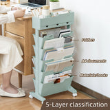 5 Tier Rolling Book Cart Multi-Functional Movable Storage Bookshelves with Lockable Wheels for Study Office Library Classroom, (Blue, with Wheel)