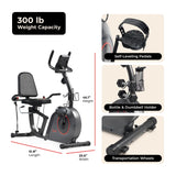 Sunny Health & Fitness Smart Recumbent Bike w/Workout Bands, 300LB Capacity Compact Equipment for Indoor Full-Body Exercise, Adjustable Cushion Seat