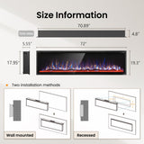 PHI VILLA 72" Electric Fireplace Wall Mounted, Recessed Wall Fireplace Electric with Crystal, Fake Charcoal & Firewood Bed for Indoor, Remote Control, 750W/1500W, Timer, Ultra-Narrow Bezel